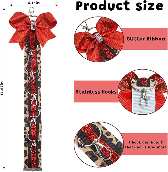 Red Cheer Bow Keychain Holder for Backpack – Leopard Print Glitter Bow Hanging Chain with Hooks – Cheer Bow Organizer Strap Cheer Gifts Bow Holder Teen s Cheerleading Team Sports Gift