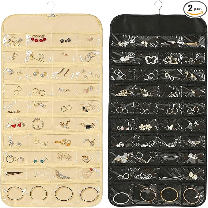2PCS Hanging Jewelry Organizer with 160 Clear Pockets, 360° Swivel Hook for Double-Sided Jewelry Holder for Earrings, Necklaces, Rings on Closet, Wall, Door, (Black and beige)
