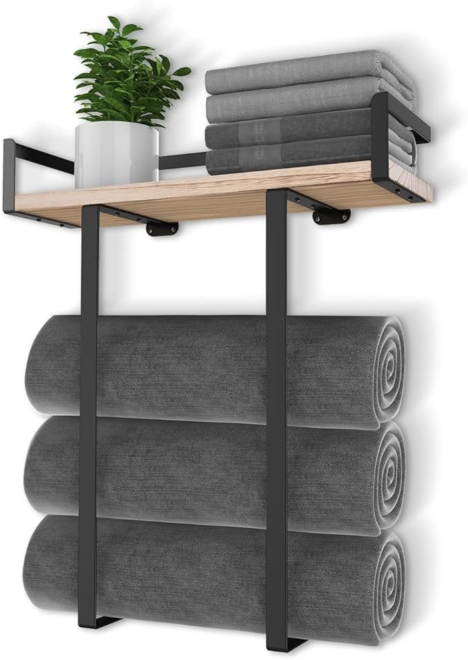 Towel Racks for Bathroom Wall Mounted, Metal Towel Holder with Wooden Shelf for Folding Large Towels, Towel Storage for Small Bathroom Organizer Decor or RV Camping