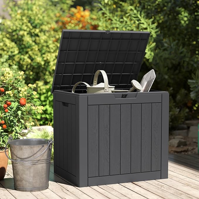 DUMOS 31 Gallon Deck Box, Lockable Outside Storage Box for Outdoor Use, Outside Waterproof Resin Package Delivery Box for Backyard Patio Garden, Black