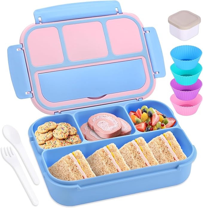 Bento Box Adult Lunch Box, Lunch Containers for Kids Girls Boys with 4 Compartments, Lunchable Food Container with Utensils, Sauce Jar, Muffin Liners, 40 Oz/5 Cup, Blue Pink