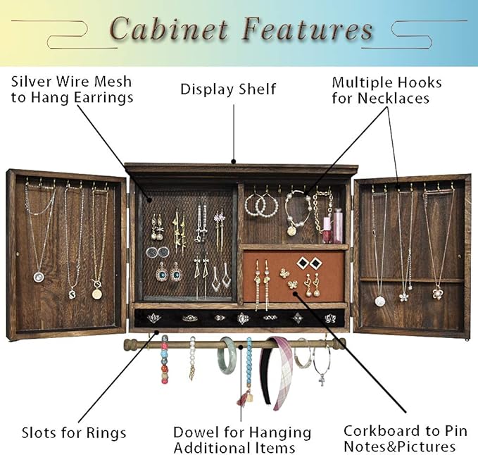 GLANT Wooden Barn Door Jewelry Organizer, Rustic Wall Mount Jewelry Storage for Necklaces, Earrings, Bracelets, Ring Holder