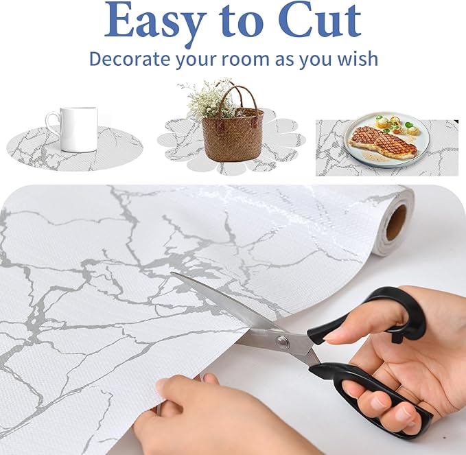Drawer and Shelf Liner for Kitchen Cabinet: 12 in X 20 Ft Non Slip Waterproof Shelf Paper Non Adhesive Refrigerator Liners Silver Marble Easy Liners for Bathroom with Knife Tape Measure