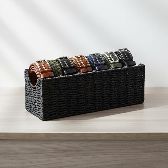 Rattan Belt Organizer for Closet, 6-Compartment Bamboo Tie and Belt Storage Box, Natural Belt & Tie Case Holder for Dresser Drawer-Black