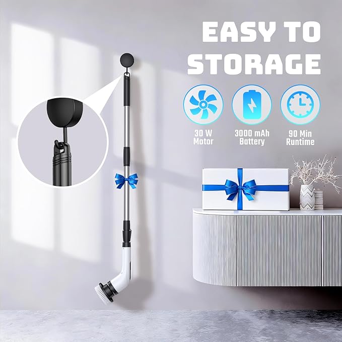 Electric Spin Scrubber, Powerful 2-Speed Cleaning Brush, IPX7 Waterproof with 7 Reusable Brush Heads & Extendable Handle, for Bathroom Toilet Shower Kitchen Wall Tile Floor Grout (White)
