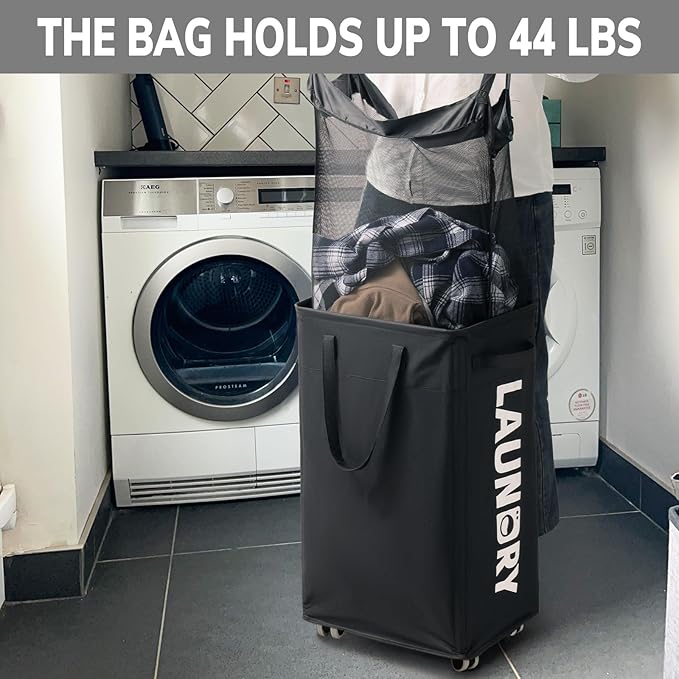 Goodpick Black Laundry Hamper with Wheels, 75L Dirty Clothes Hamper with Removable Wash Bag for Laundry Room, Rolling Laundry Basket