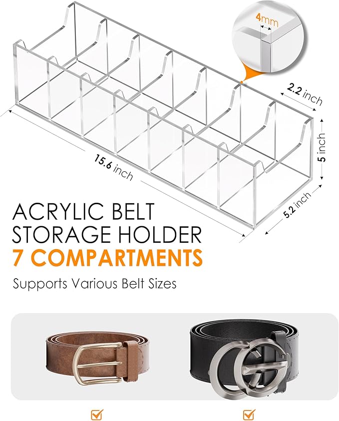 MaxGear Belt Organizer, Acrylic 7 Compartment Belt Storage Rack for Closet, Clear Display Case for Belts, Ties, and Bow Ties