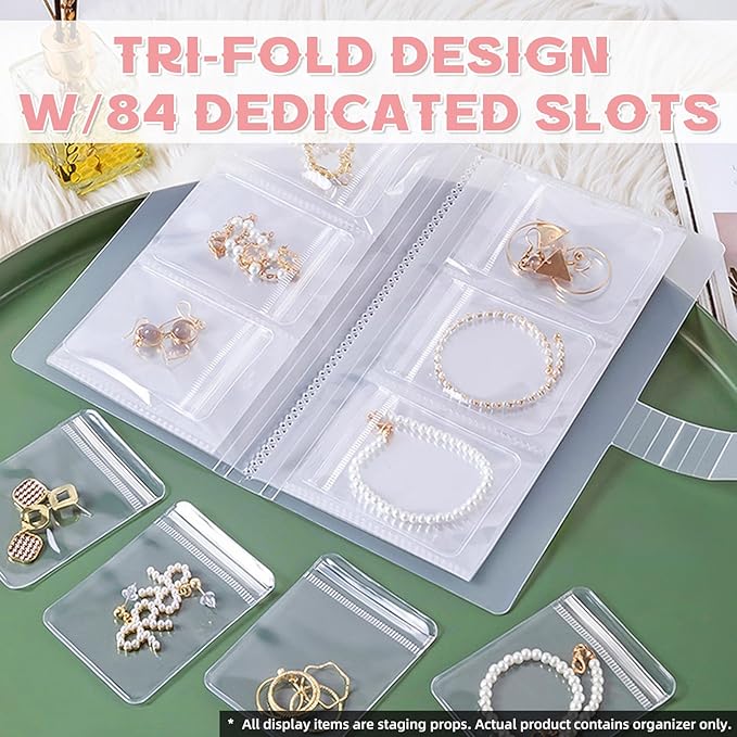 Portable Jewelry Storage Organizer, Clear Double-Sided Protective Folder with Snap Closure, Multi-Compartment Display Book for Necklaces, Earrings, Rings (3 inches - 84)