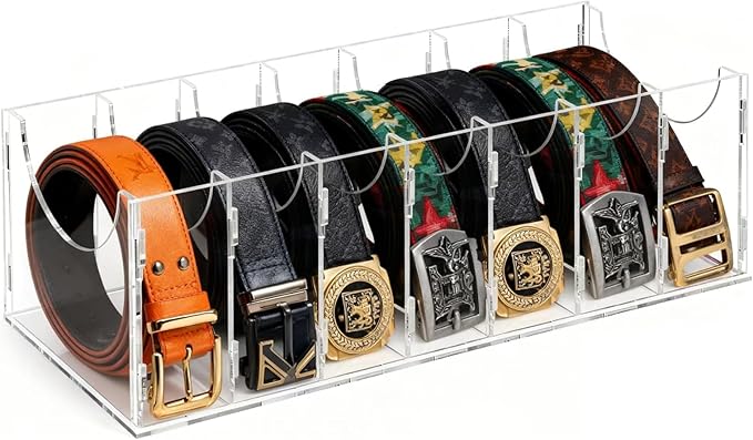 ECOSEAO DIY Belt Organizer, Clear Stackable Belt holder For Closet Drawer Storage - 7 Compartments, Multi-Purpose Display Bins With Inserts For Belts,Ties,Socks