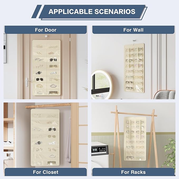 Hanging Sunglasses Organizer and Storage, Dual-Sided Sunglasses Case and Jewelry Holder, Wall-Mounted, 32 Clear Slots, Dust-Proof, Roof Design for Travel, Beige