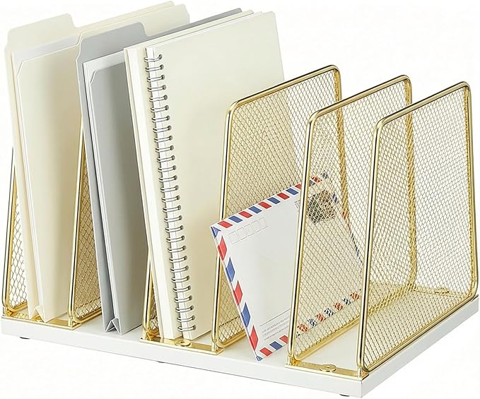 AUPSEN 5-Section Wooden Desktop File Organizer, File Sorter Storage Rack, Vertical File Holder for Office Supplies, Gold