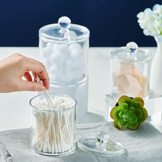SheeChung 4-Pack Clear Acrylic Apothecary Jars with Labels - (2) 10oz & (2) 12oz Qtip Holder Set - Shatterproof Bathroom Vanity Organizer for Cotton Swabs, Balls, Pads - Minimalist Decor