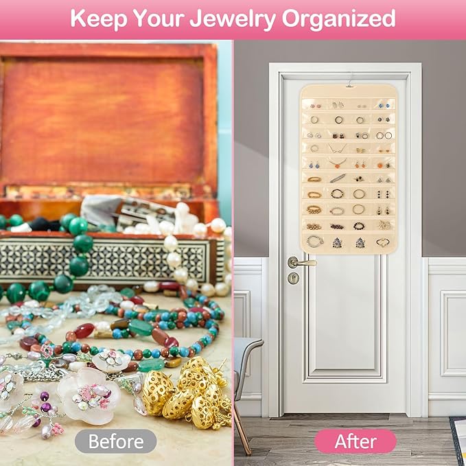 Hanging Jewelry Organizer for Closet with Swiveling Hanger, 17 x 30 In, 80 Clear Pockets Jewelry Organizer Hanging for Jewelries, Earrings, Accessories (Beige) (3, Beige)