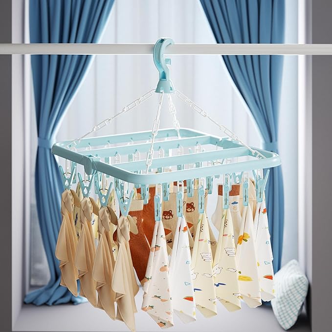 Clothes Drying Rack with 32 Clips, Foldable Hanging Rack, 360° Rotatable Hook for Drying Socks Baby Clothes Towels Gloves(Light Green)
