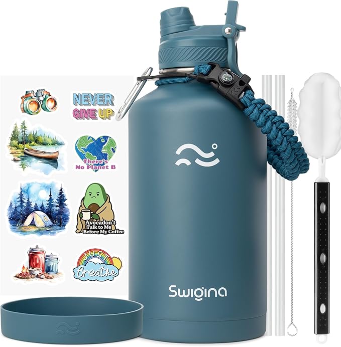 [2-IN-1 LID] 64 oz Insulated Water Bottle with Silicone Boot (48hrs Cold/24hrs Hot) - DIY Stickers, Leakproof, BPA Free, Half Gallon