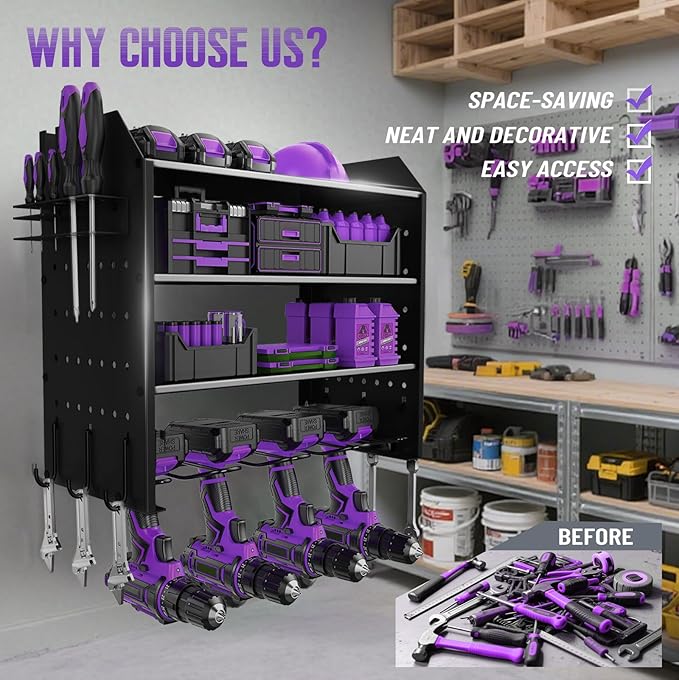 Power Tool Organizer Wall Mount, 4 Tier Tool Rack for power tool Storage,Garage Tool Organizer with Hooks for Men Gift,Black