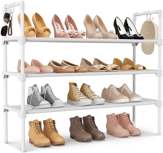 3 Tier Shoe Rack for Closet, Shoe Organizer with 5 Hooks, Long Shoe Shelf Storage for Shoe and Boot Stackable Free Standing Shoe Rack for Entryway, Garage, Small Spaces, Dorm, White