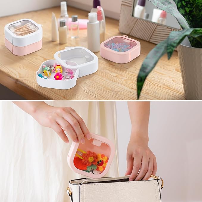 Soleebee 6pcs Portable Hair Tie Organizer Box Qtip Holder, Small Hair Accessory Containers Travel Hair Tie Holder Cotton Swab Dispenser Stackable or Hanging Small Items Storage Box (Pink)