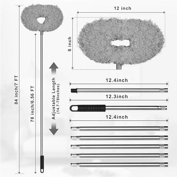 Eunice 7FT Ceiling Fan Duster with Extension Pole, Adjustable and Removable Fan Cleaner Blade for High Ceiling, Window Door Furniture (Grey)