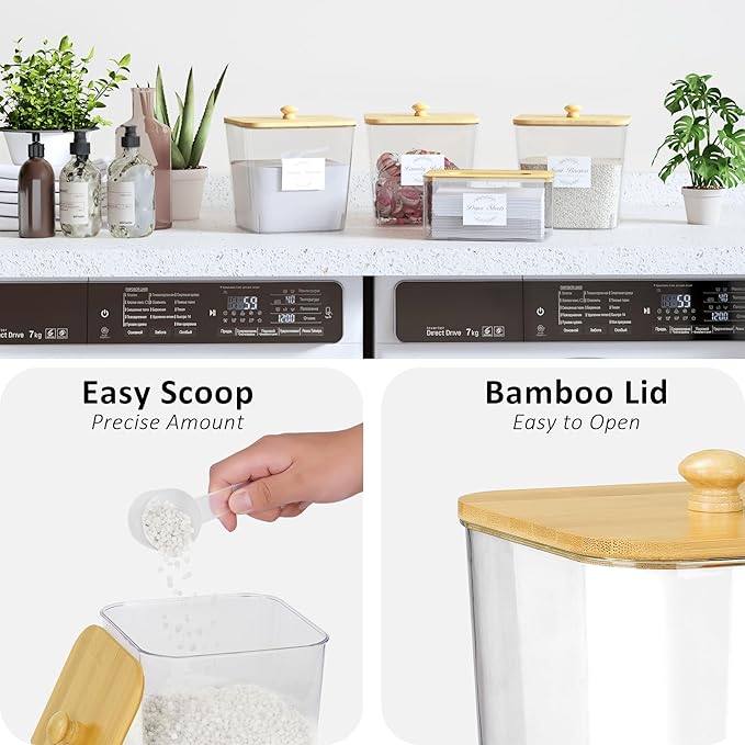 Laundry Room Organization and Storage, Laundry Pods Container with Bamboo Lids and Labels, Laundry Organizer with Scoops for Booster Beads, Powder, Pods, 4Pack