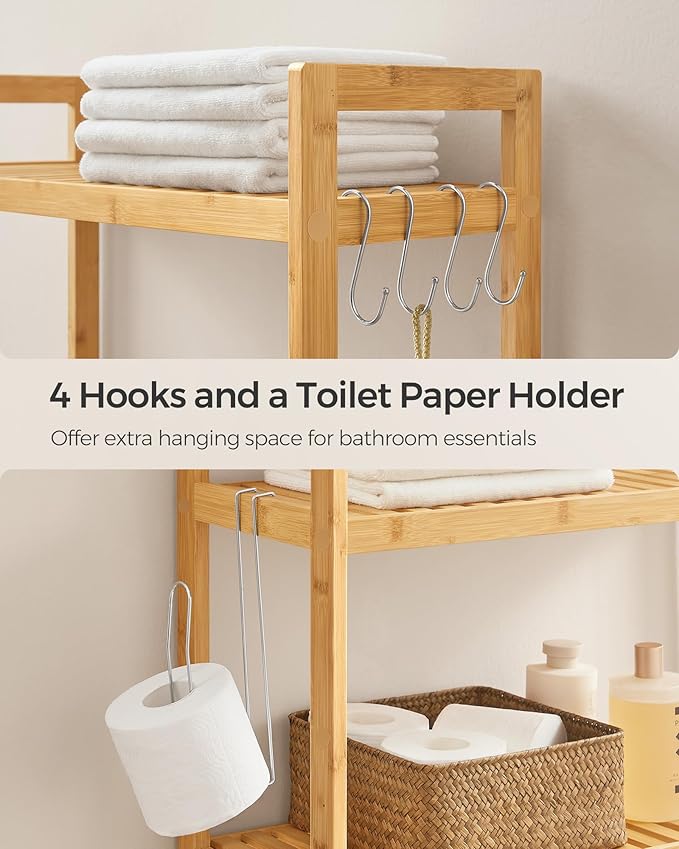 SONGMICS Over The Toilet Storage, 3-Tier Over Toilet Bathroom Organizer with Adjustable Shelf, 10.2 x 24.8 x 66.9 Inches, Space-Saving, Natural Beige UBTS001N01