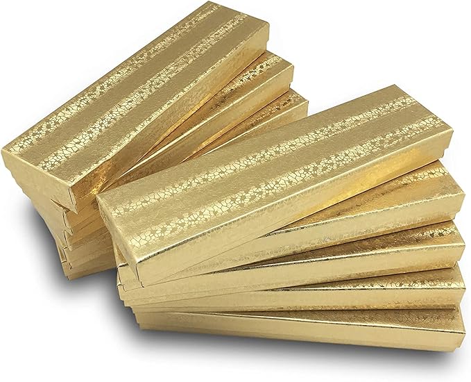 10 Pack Gold Foil Cotton Filled Paper Cardboard Jewelry box for Necklace, Watch, Bracelets, Pen, Pocket Watches, Anklets for Wedding, Anniversary, Engagement, Birthday Size- 8.1" x 2.2" x 1"