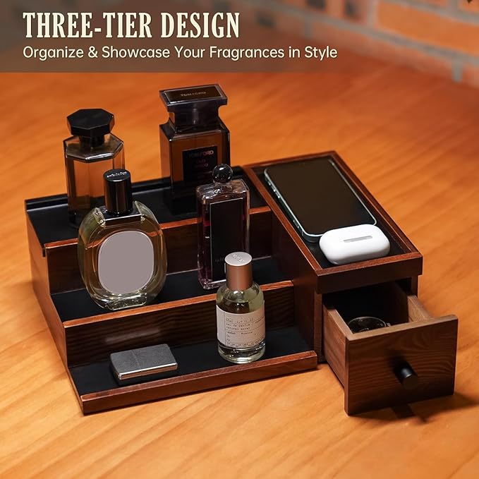 NiHome Handcrafted 3 Tier Wooden Cologne Organizer for Men, Mens Cologne Perfume Stand Organizer Solid Wood W/Hidden Compartments, Multi-Level Storage for Modern Gentleman's Accessory Organization