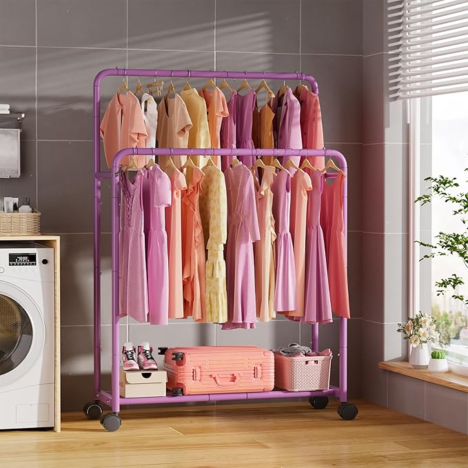 Simple Trending Clothing Clothes Rack Double Rods with Wheels, Rolling Metal Garment Rack for Hanging, Purple