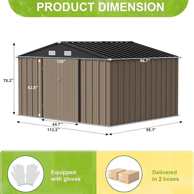 JUMMICO 10 x 8 FT Outdoor Storage Shed, Large Metal Garden Shed & Tool Sheds for Backyard Garden Patio Lawn (Brown)