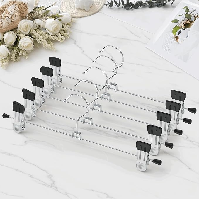 IEOKE Pants Hangers with Clips: 12 Pack Skirt Hangers for Women Metal Adjustable Trouser Hangers for Jeans Shorts Dress - Black