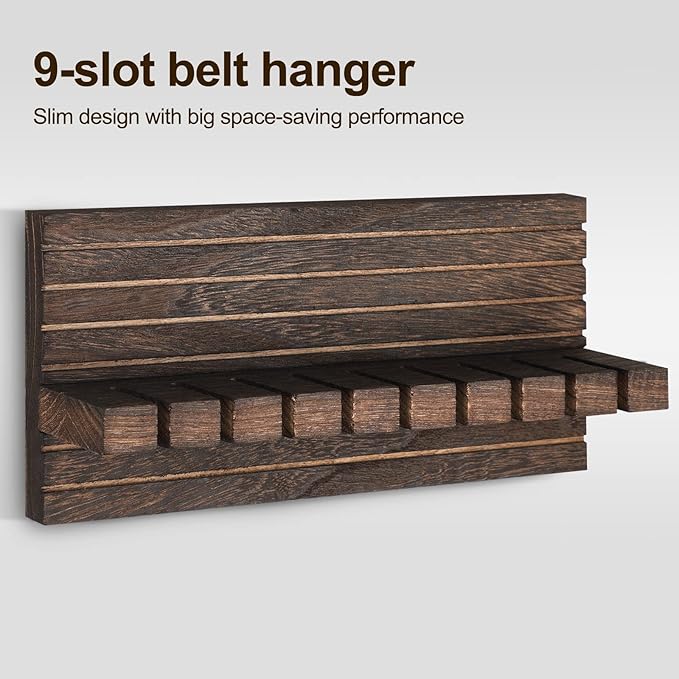 Belt Organizer for Closet, Belt Hanger Wall Mounts to Hold 9 Belts Without Slipping, Space Saving Belt Rack for Closet Organization Includes Mounting Hardware (11.8” x 5.5” x 2.5”) (Brown)