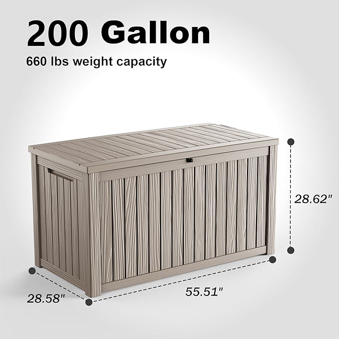200 Gallon Outdoor Deck Box,Waterproof Resin Outdoor Storage Boxes, Outside Storage Lockable Container for Garden Tools,Indooor Cushions,Accessories (Grey)