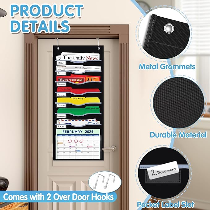 8 Pockets Hanging Wall File Organizer for Legal/ Letter/ A4 Size Paper, Over the Door Organizer, Black Pocket Chart for Classroom, Office, Home Use with 12 Name Tags, 5 Hooks and Clear Calendar Pocket