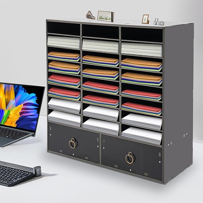 24-Compartment Literature Organizer with 2 Drawers – Adjustable Shelves & Lockable Storage Cabinet, Wall-Mountable Mail Sorter for Office, Classroom, Home (Black)