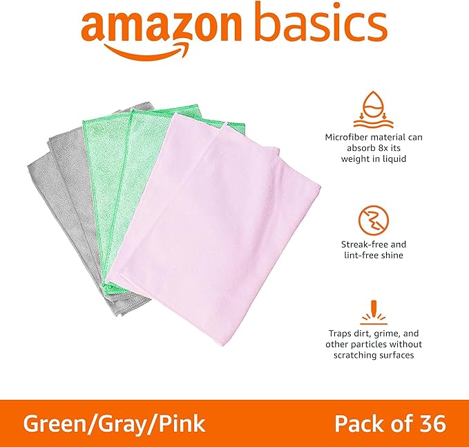 Amazon Basics Microfiber Cleaning Cloths, Ultra Absorbent, Scratch Free, Non-Abrasive, Reusable and Washable, All-Purpose, Car Detailing, 16" x 12", Green/Gray/Pink, 36-Pack