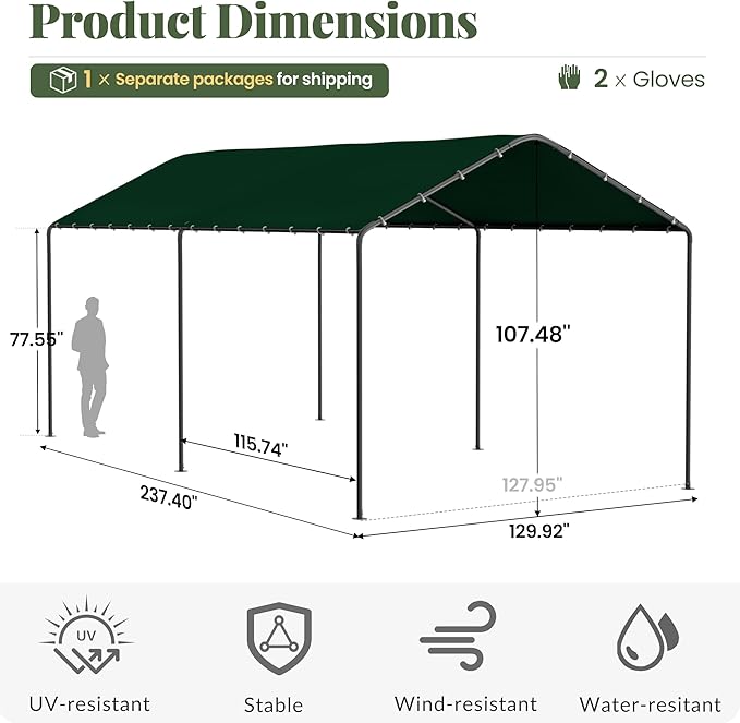 Carport, 10‘ x 20’ Heavy Duty Portable Garage All-Season Car Canopy, Outdoor Garage Boat Shelter Carport Canopy Party Tent w/Water-Resistant Tarp for Backyard (Green, 10' x 20' /no Side)
