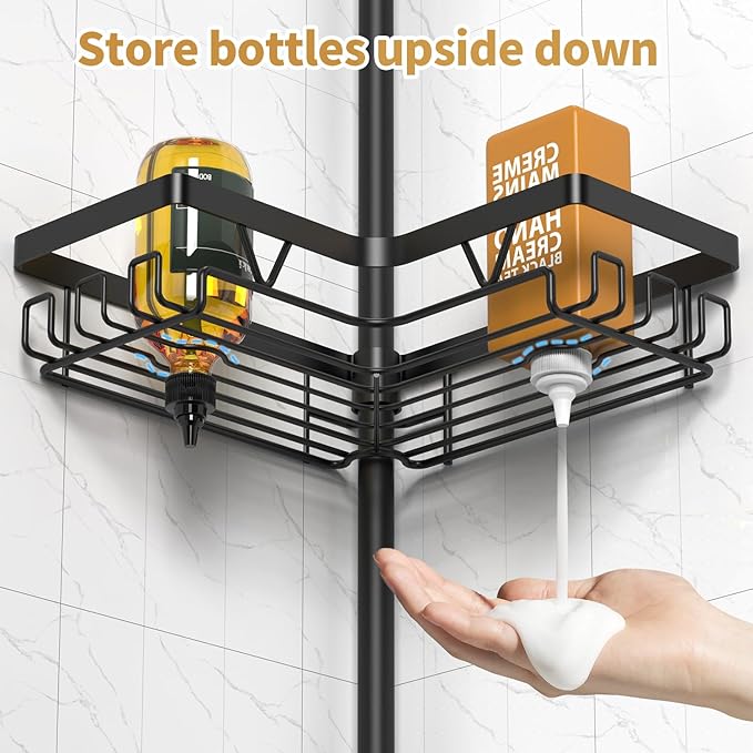 Shower Caddy Tension Pole, 4 Adjustable Corner Shower Caddy with 2 Towel Bars & 2 Soap Holders, Expands 25 to 114.2 Inches, Black Stainless Steel for bathroom/Tub/Corner