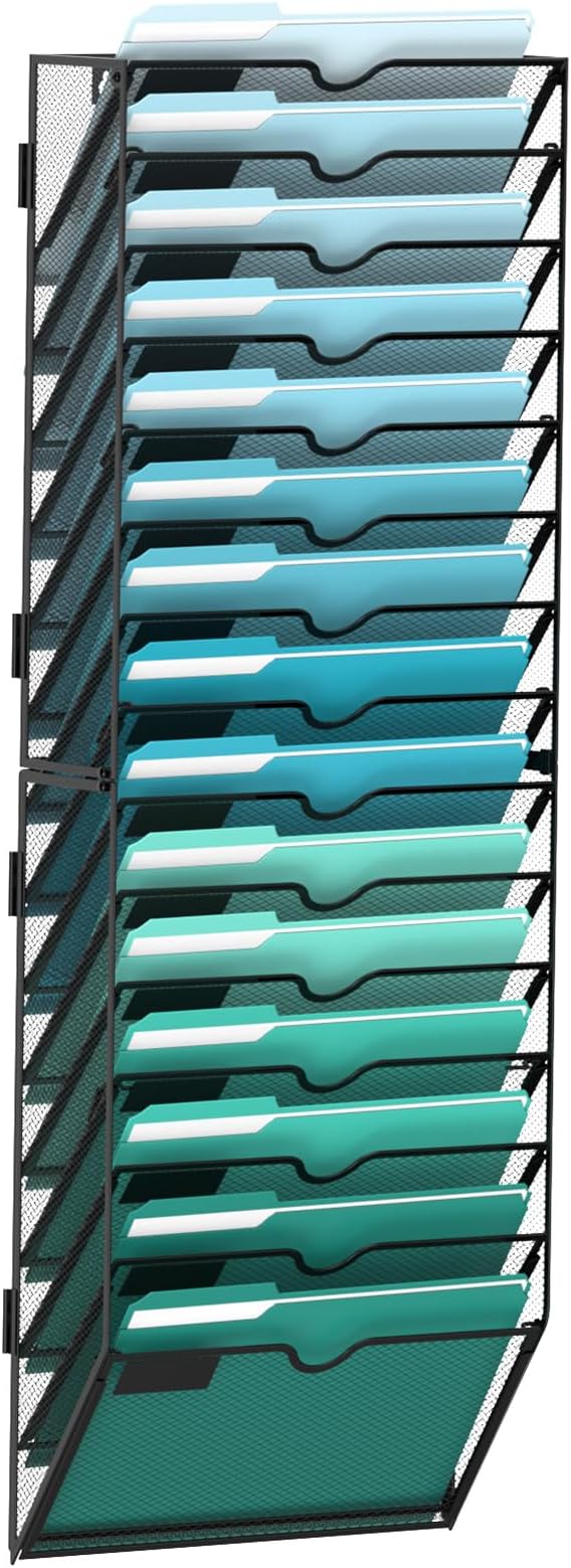 SUPEASY 15-Tier Wall File Organizer, Hanging Wall Files for Papers, Folders, Magazines, Wall Organizer for Clipboard, Assembly Needed, Black