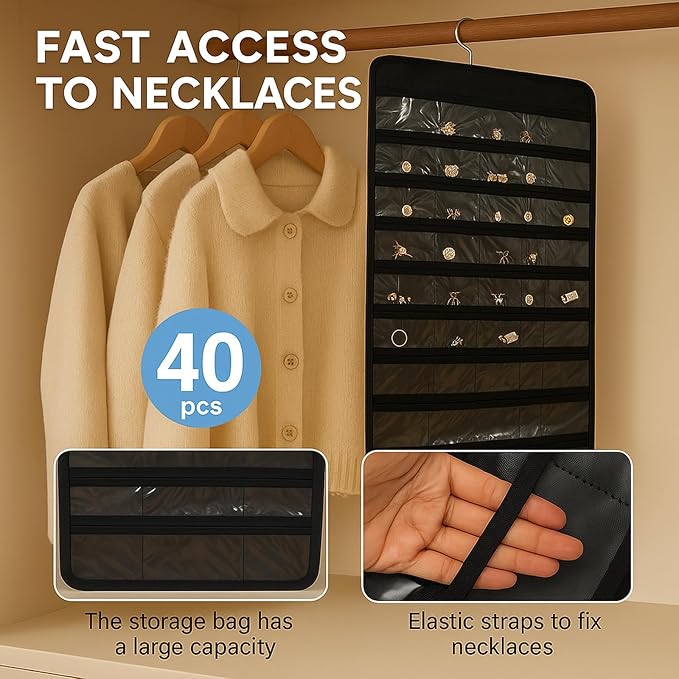 Hanging Jewelry Organizer, Double-Sided 48 Pockets, Closet & Hook Jewelry Storage, for Earrings, Necklaces, Bracelets, Rings & Pendants, Necklace Holder/Hanging Earring Organizer, White