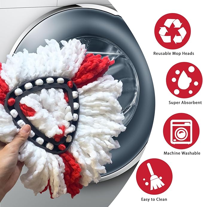 Easywring 1-Tank System,Mop Replacement Heads for O-Ceda Mop Replace Head, Spin Mop Heads Replacements, Microfiber Spin Mop Refills, Easy Cleaning Mop Head Replacement (Red and White 3pcs)
