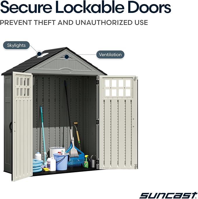 Suncast Everett 6x3 ft Vertical Storage Shed - Resin Outdoor Garden Shed with Floor, Windows, Skylight & Lockable Double Doors. Slim Yard Storage for Utility Tools & Backyard Equipment