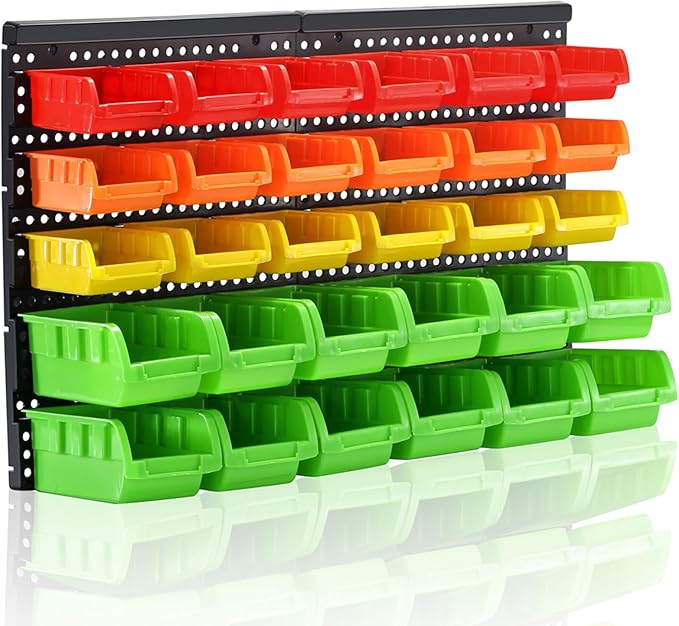 Wall Mounted Storage Bins Parts Rack 4 Colors Bin Organizer Garage Plastic Shop Tool, Garage Organizers and Storage (Style-Vivid) 25.2"*16.2"