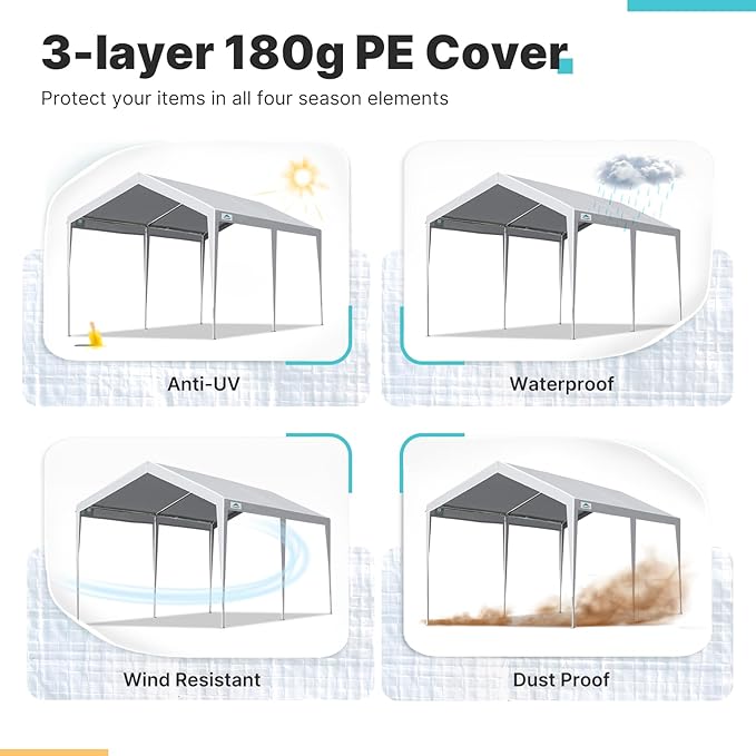 ADVANCE OUTDOOR 10x20 ft Heavy Duty Carport Potable Car Canopy Garage Party Tent Boat Shelter, Adjustable Height, with Leg Cloth, Gray