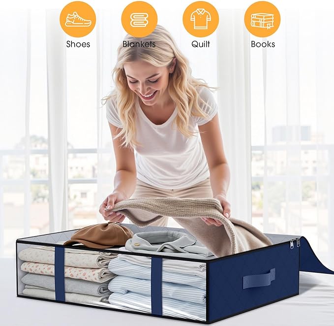 StorageRight Under Bed Storage Bins, 2-Pack 40L Foldable Fabric Storage Bags with Transparent Window, Breathable Organizer for Clothes/Blanket/Comforter/Quilt, Blue