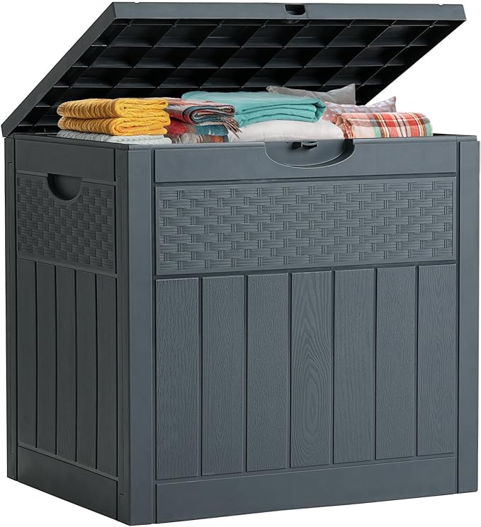 ZYJOYY 33 Gallon Resin Deck Box Waterproof Outdoor Storage Box and Patio Furniture Side Table for Pool Accessories, Gardening Tools, Outdoor Indoor Cushions, Lockable, UV Resistant