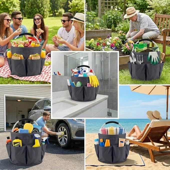 Multifunctional 17L Cleaning Caddy,Foldable 600D Organizer Bag with EVA Grip and 6 Pockets,Portable Storage Tote for Housekeeping,Car Detailing,Garden,Bathroom and Dorm (gray)