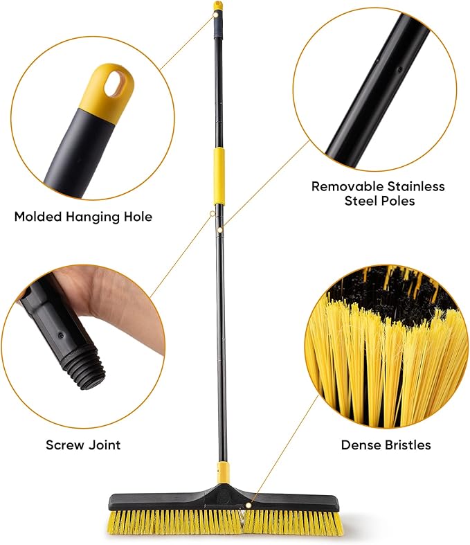 Yocada 24 inch Push Broom Brush 65.3 inch Long Handle Stiff Bristles Heavy-Duty Outdoor Commercial Broom for Cleaning Bathroom Kitchen Patio Garage Deck Concrete Wood Stone Tile Floor