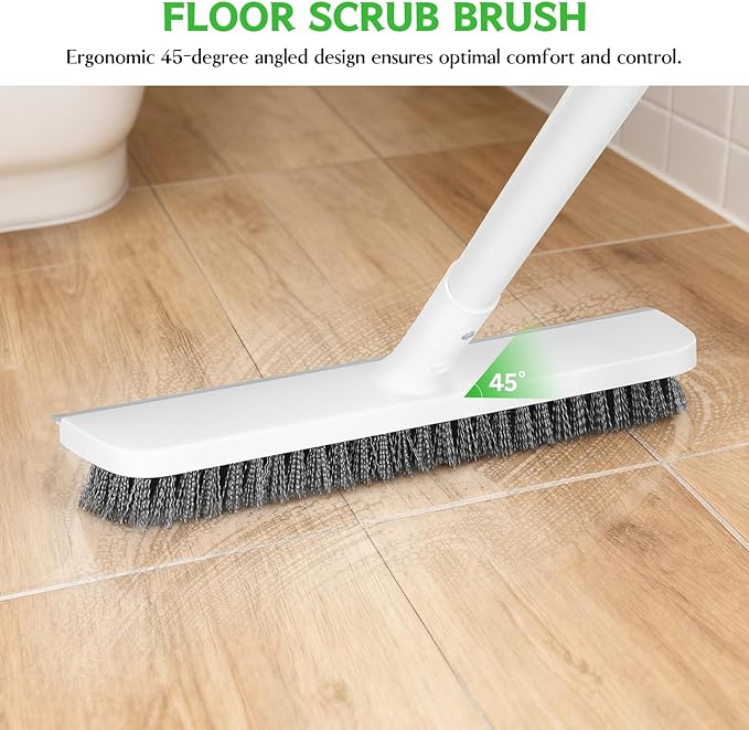 SetSail Floor Scrub Brush, Scrub Brush with 48-Inch Long Adjustable Handle 2 in 1 Scraper Brush Stiff Bristle Floor Scrubber for Cleaning Bathroom Shower Kitchen Garage Deck Tilb Tub, White