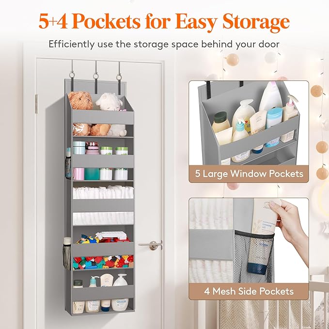 Lifewit 1 Pack Over the Door Organizer, Clear Window Hanging Storage with 4 Mesh Side Pockets, Anti Tilt 40 lbs Load Behind Door for Pantry, Nursery, Bathroom, Bedroom, Dorm, 5 Section, Light Gray