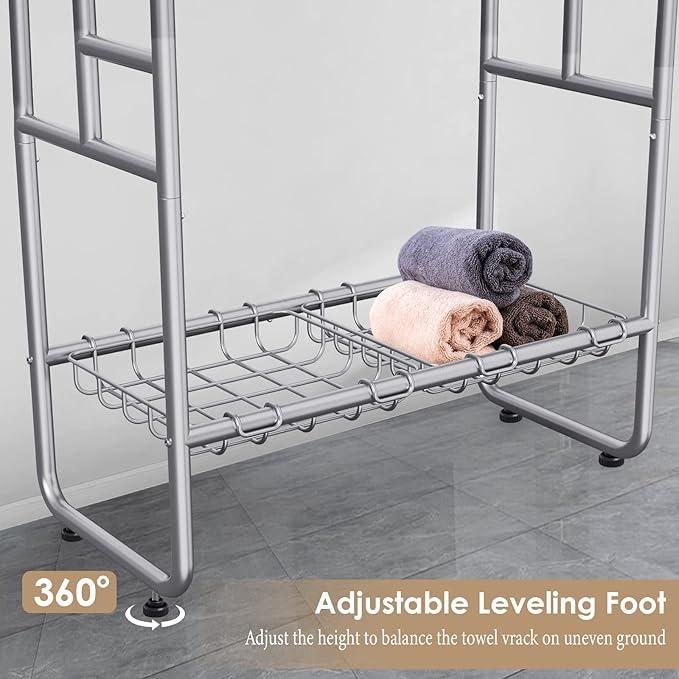 Kayfia 40" Tall Standing Towel Rack for Extra Large Towel, 3 Tier Floor Towel Stand with Storage Basket & Hook, Freestanding Blanket Ladder Display and Drying Rack for Bathroom Living Room